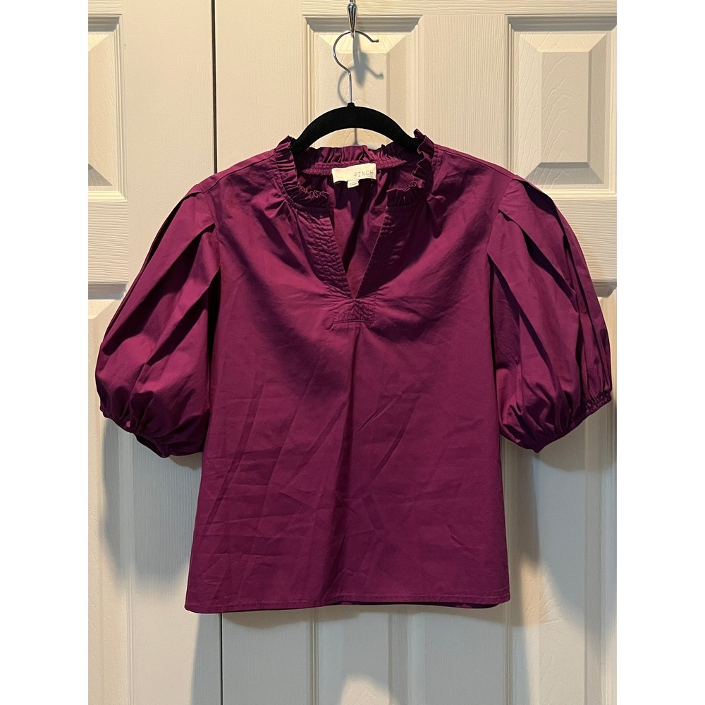 PINCH Puff Sleeve Blouse Womens Medium Purple Ruffle V-Neck Cotton Poplin Top - Picture 2 of 8